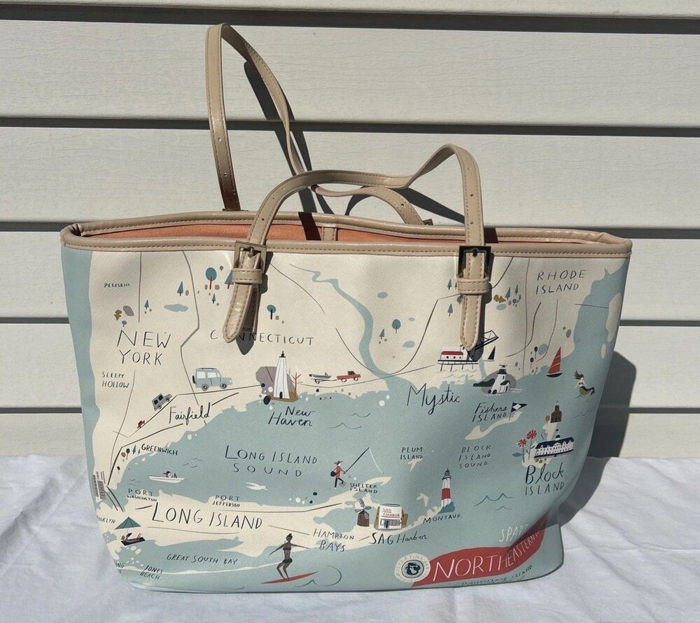 Spartina 449 North Eastern Harbor Tote Nantucket Map W/Double Handles Bag Charm